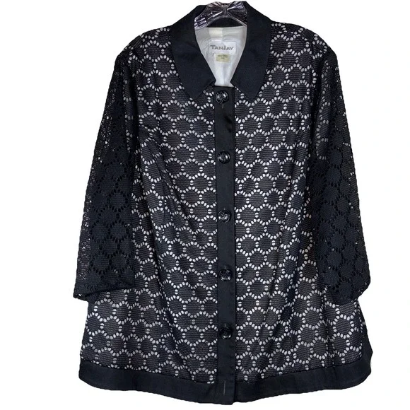 Tanjay Women's Black Button-Up Blazer Style Top – White Lined, Collared, Size 20 - Picture 1 of 5